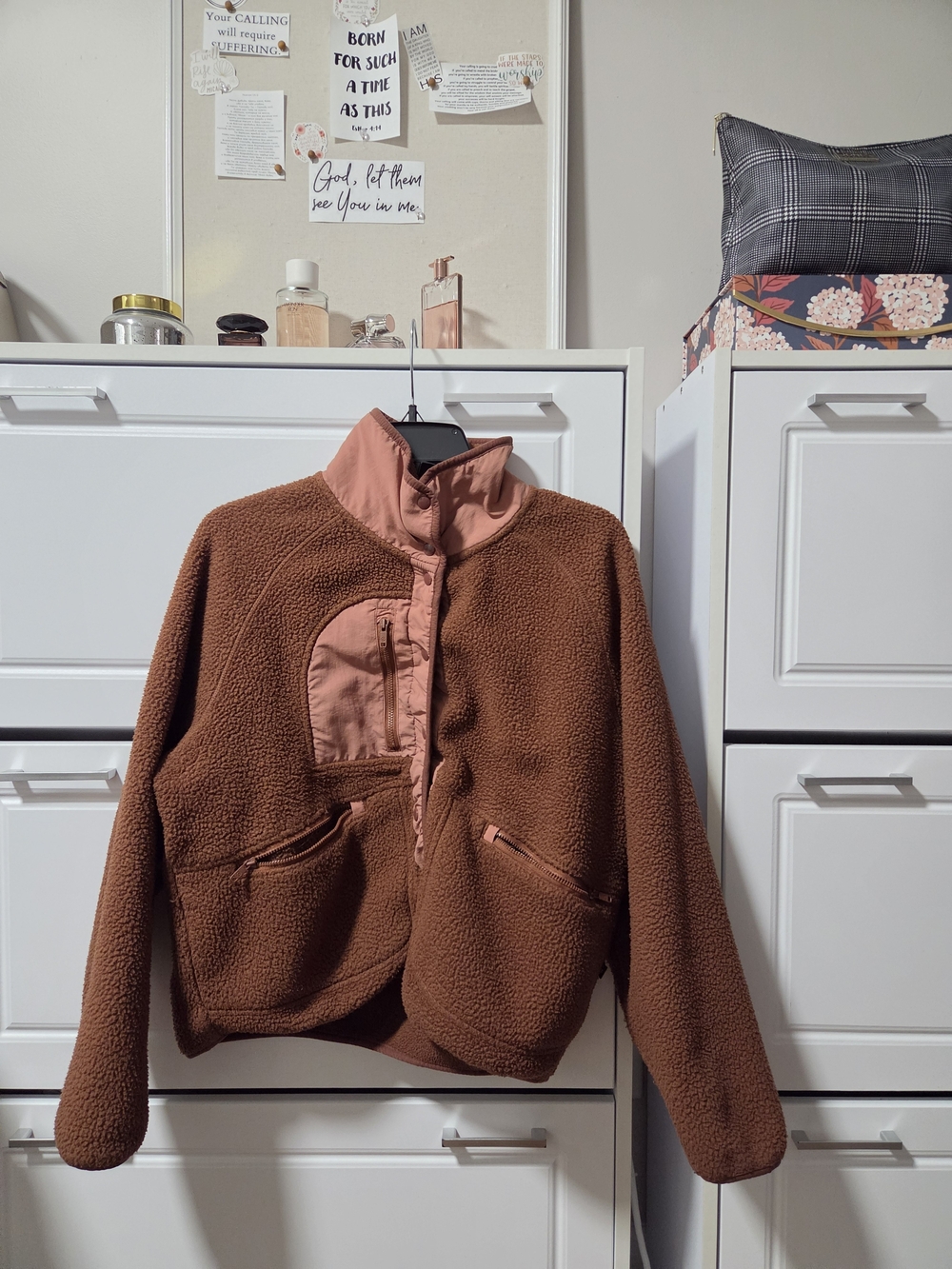 Women’s Cozy Brown Fleece Jacket with Pink Trim